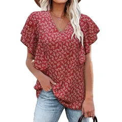 V Neck Floral Pleated Shirt Casual Short Sleeve Loose Top - Red - View 1
