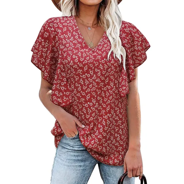 V Neck Floral Pleated Shirt Casual Short Sleeve Loose Top Red - Shop at LoveMi