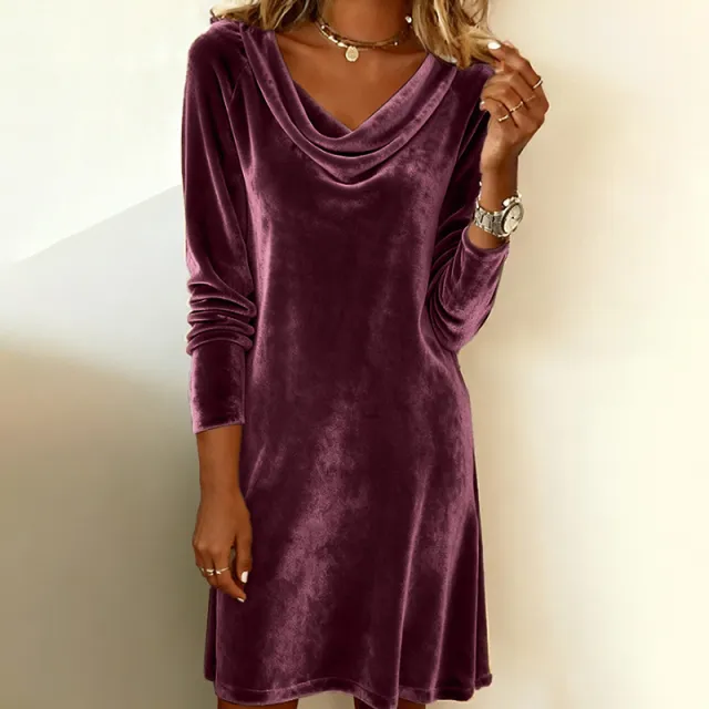 Women's Elegant Solid Color Velvet Cowl Neck Midi Dress, Long Sleeve Comfortable Dress For Spring & Autumn Purple - Shop at LoveMi