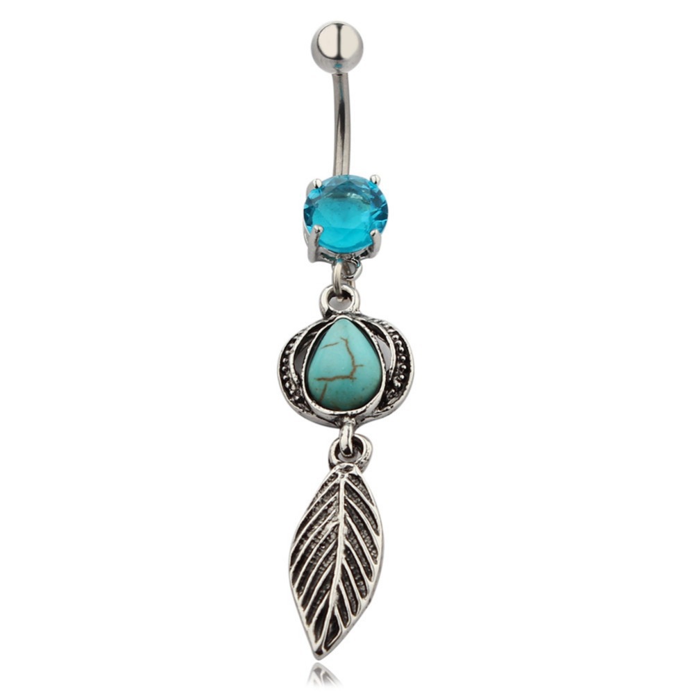 Title 1, Turquoise Water Drop Leaves Belly Button Ring S...