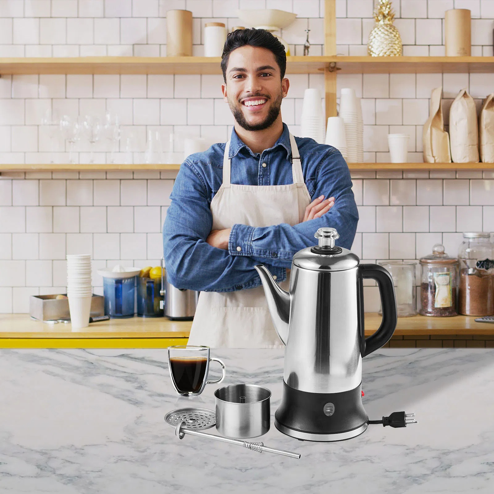 12-Cup Electric Percolator Coffee Pot, 304 Stainless Steel Coffee Percolator With Keep Warm Function & Heat-Resistant Handle, Classic Coffee Maker, Quick Brew & Easy-Pour Spout, Silver image 7