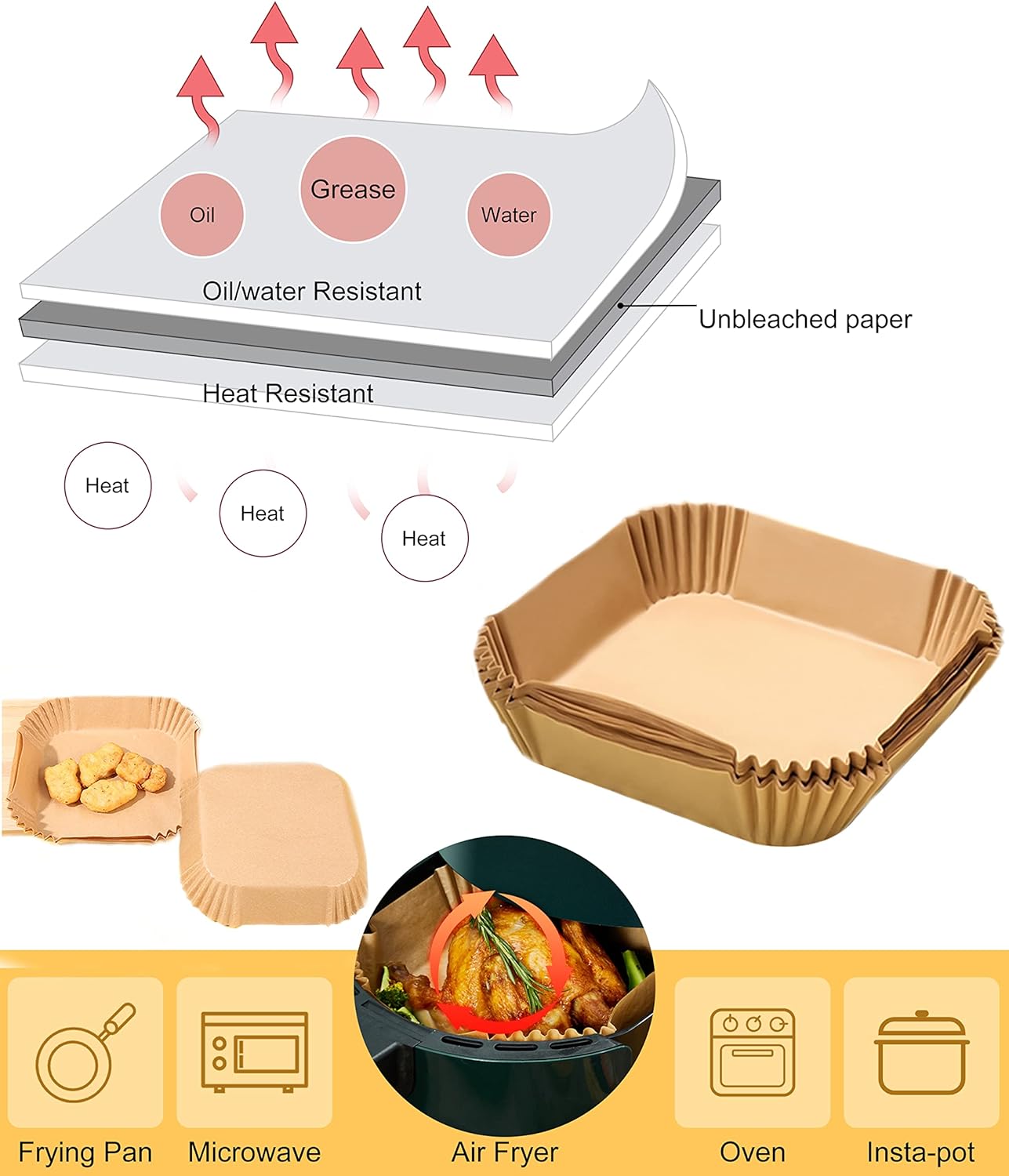 50pcs Air Fryer Liner Baking Disposable Air Fryer Parchment Paper Multipurpose Oil-absorbing Paper Tray