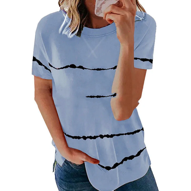 European And American New Neckline Cross Stripe Print T-shirt - Sky Blue