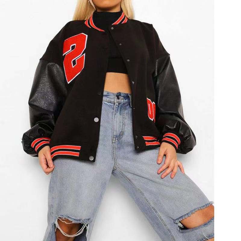 Fashion Letter Embroidery Hip hop Fleece Leather Jacket Red - Shop at LoveMi