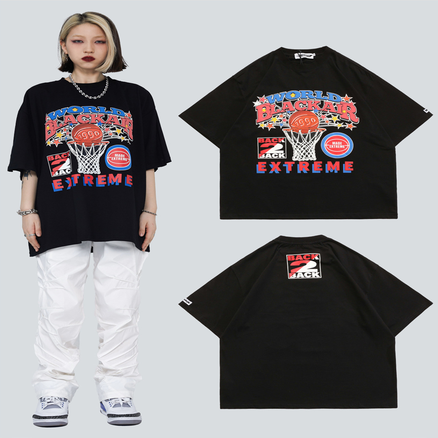 American Retro Street Culture Basketball Print Short Sleeve T-Shirt