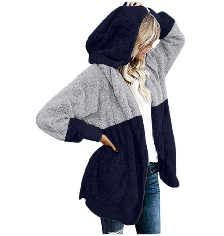 Ladies Cardigan Hooded Colorblock Plush Jacket Navy - Shop at LoveMi