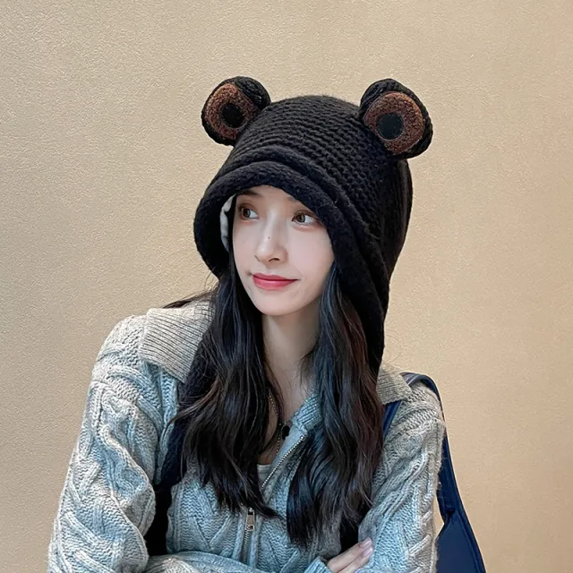 Frog Knitted Warmth Neck One Piece Woolen Hat For Women Black - Shop at LoveMi