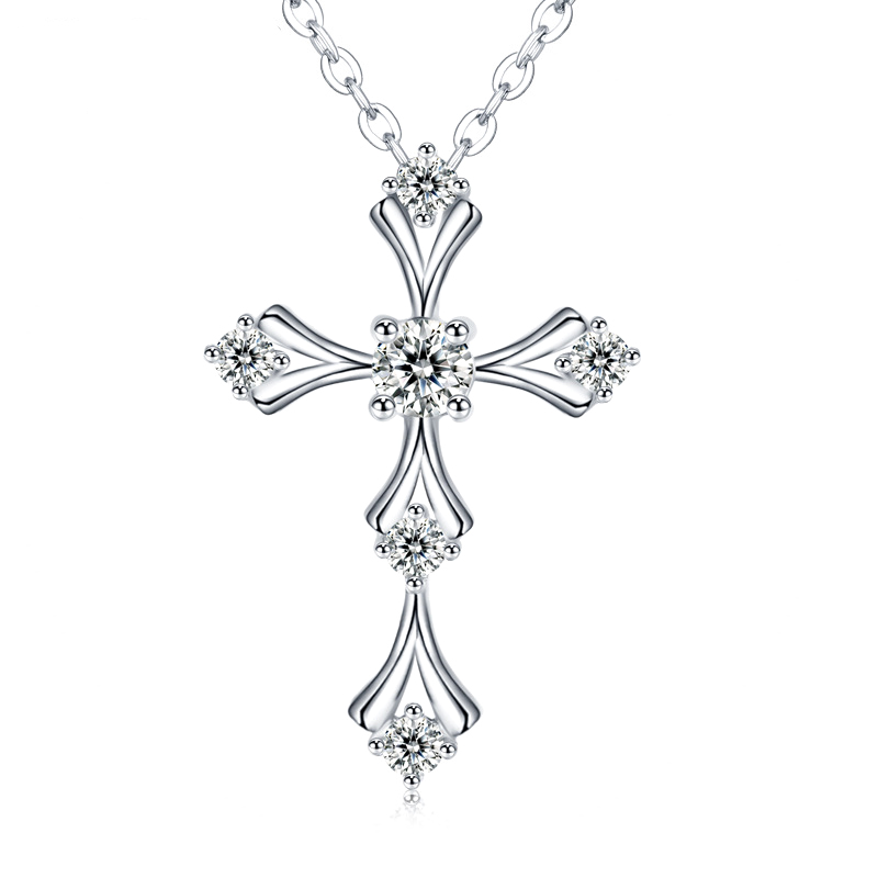 S925 Sterling Silver Moissanite Cross Necklace, 3.5mm D-VVS1 Pendant, Platinum Plated 40&45cm Chain, 1.7g GRA Certificate Gift Box