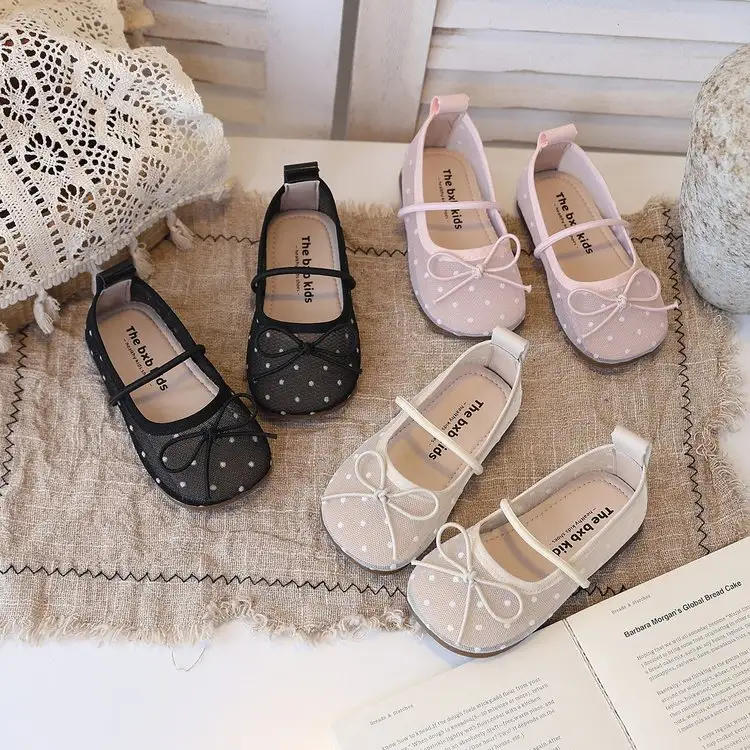 Cute Polka Dot Mesh Shoes For Girls, Bow Princess Shoes For Performance, Bean Shoes