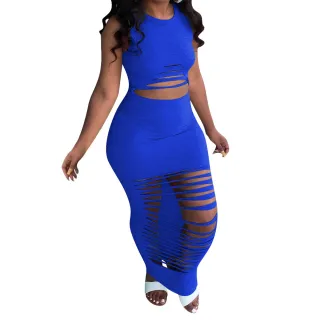 Women's Summer Fashion Casual Burnt Dress - Blue