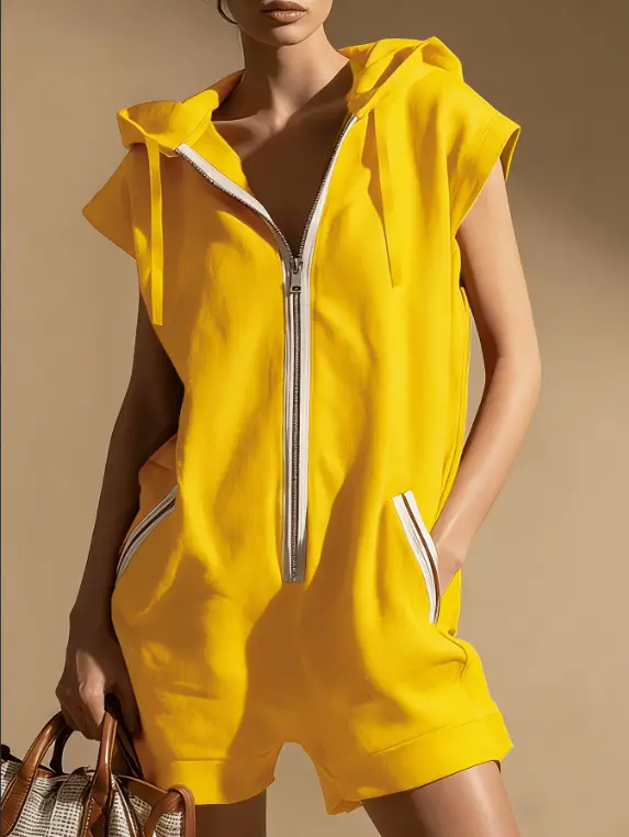 Hooded Sleeveless Half Zip Stripe Pocket Casual Romper