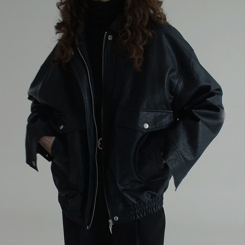 Retro Lapel Zipper Long Sleeve Pocket Motorcycle PU Leather Jacket