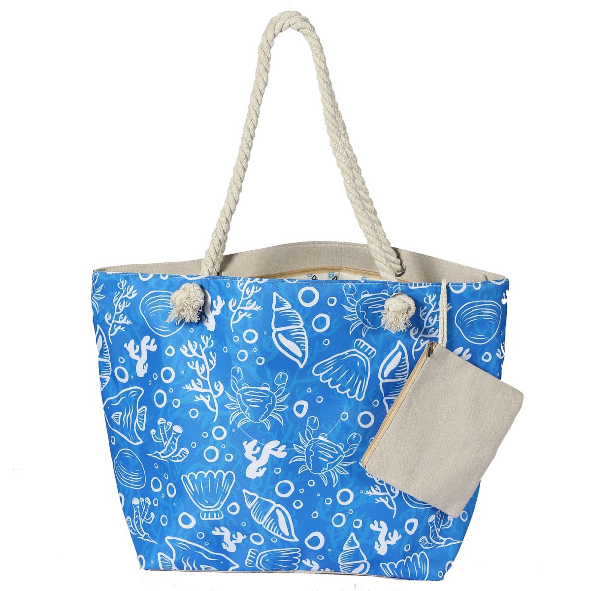 Waterproof Beach Tote Bag for Women. MATERIAL: Unique outer canvas material, inter polyester, hemp rope handle, foldable, easy to clean, waterproof and sandproof, durable and washable. LARGE BEACH BAG: Size 22.83 X 7.87 X 14.96 inch, there is enough space