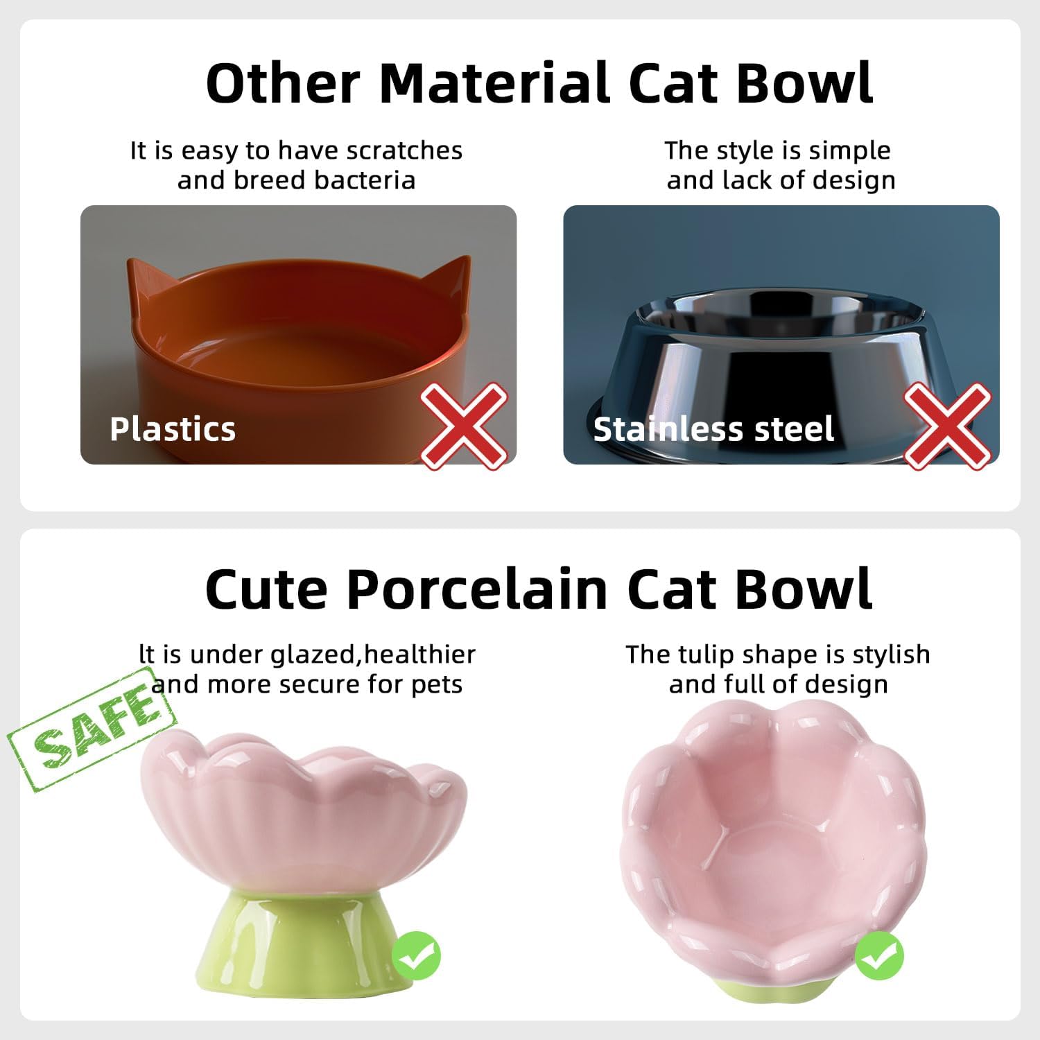 Ceramic Raised Cat Bowl, Pink Elevated Food Bowls For Food And Water Protecting Spine And Whisker Friendly, Tulip Shape Cute Pet Feeder Dish For Indoor Cats And Small Dogs 12