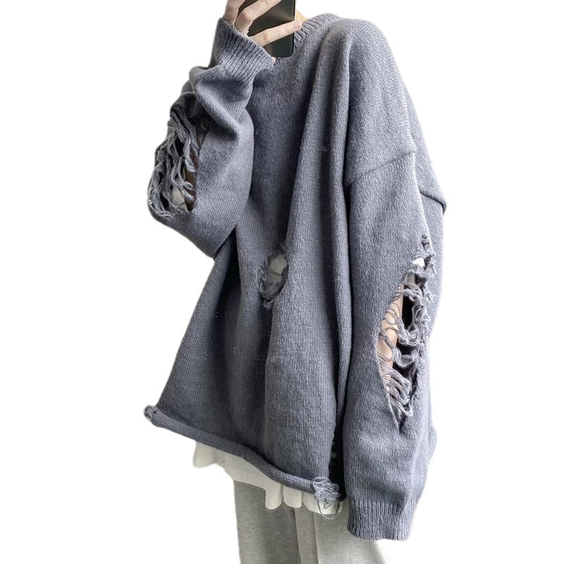 Solid Color Torn Sweater For Men In Autumn And Winter