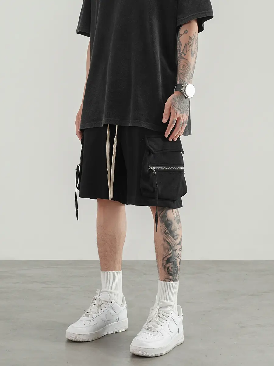Dark RO Style Three-dimensional Pocket Floating Rope Drawstring Shorts