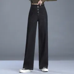 Women's High Waist Denim Wide Leg Pants Thickened High Elasticity - Black - View 1