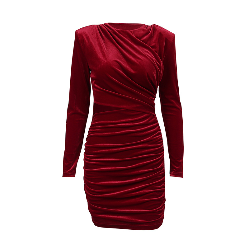 Suede Shoulder Cutout Gathered Long Sleeve Pack Hip Dress