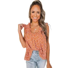 Summer Floral Vest Women's European And American Square Neck Pullover Loose Sleeveless Ruffle Top - Orange - View 1