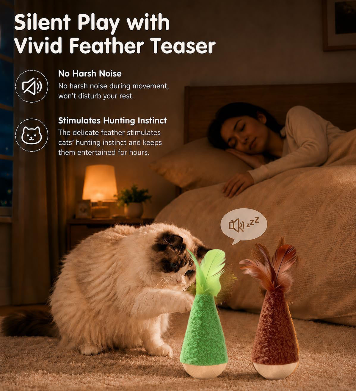 Lote de 2 juguetes interactivos para gatos que se enderezan solos con pluma, tazón de madera de peluche mullido para gatos de interior aburridos. Juguete silencioso de autoentretenimiento para enriquecimiento felino, verde y marrón