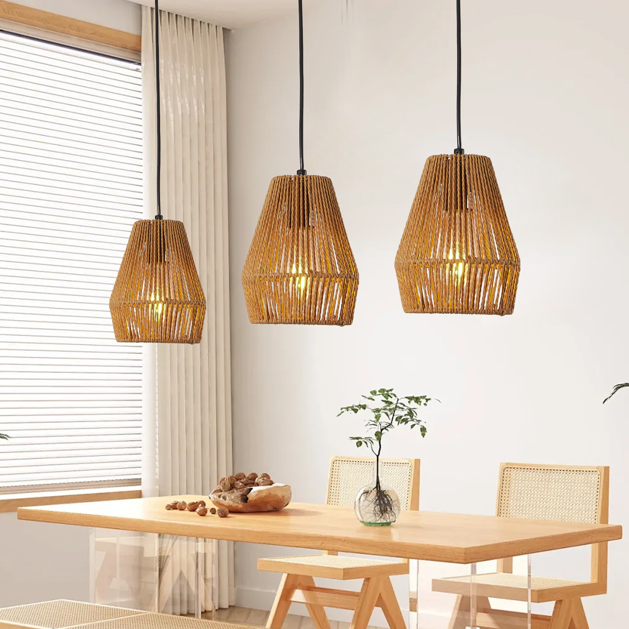 7inch Set Of 3 Rustic Hemp Rope Pendant Light, Handcrafted Farmhouse Hanging Light Fixture, Adjustable Height Ceiling Lamp For Kitchen Island, Dining Room,Or Living Room, Natural Woven Design