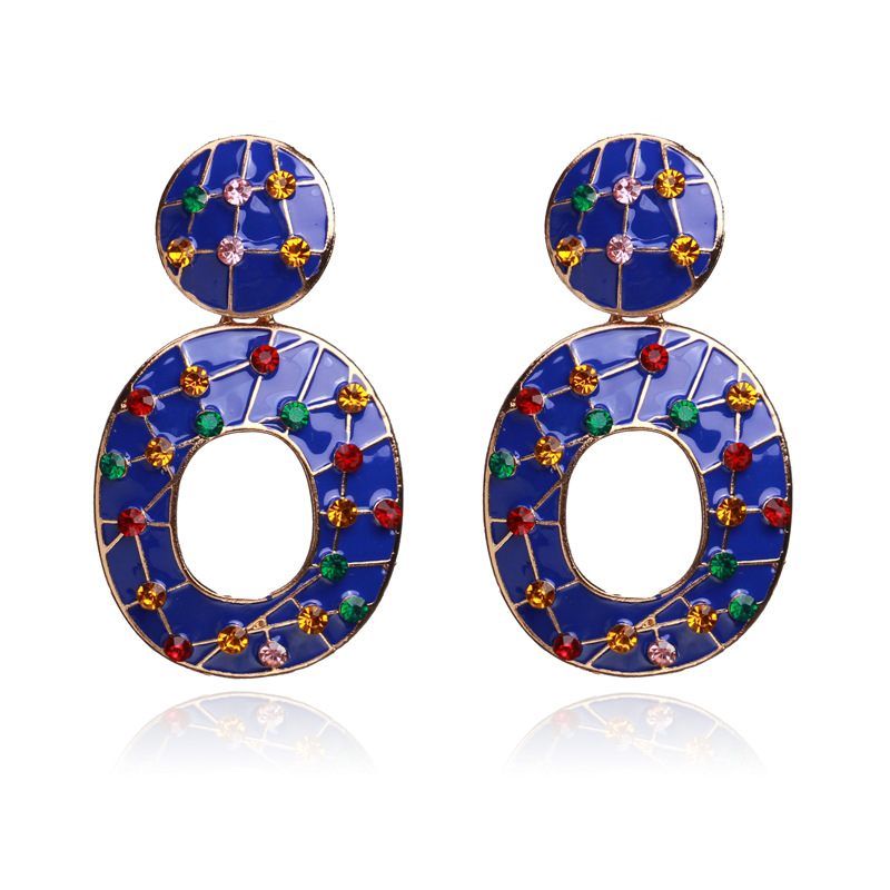 Color Rhinestone Earrings Retro Alloy Paint Hit Color Oval Earrings