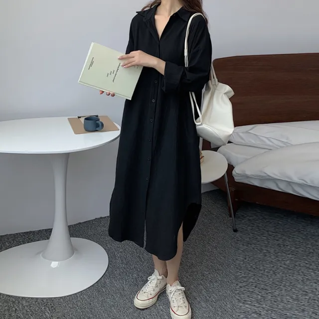Lazy Style Simple Long Knee length Shirt Solid Color Lapel Cardigan Sunscreen Shirt Black - Shop at LoveMi