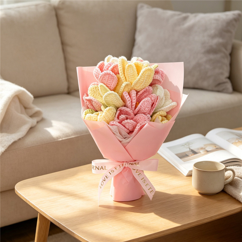 Handmade Crochet Tulip Flower Bouquet, Everlasting Soft Yarn Crochet Gradient Tulips Arrangement, Eternal Artificial Crochet Floral Ornament For Home Decor, Birthday & Holiday Gifts product image