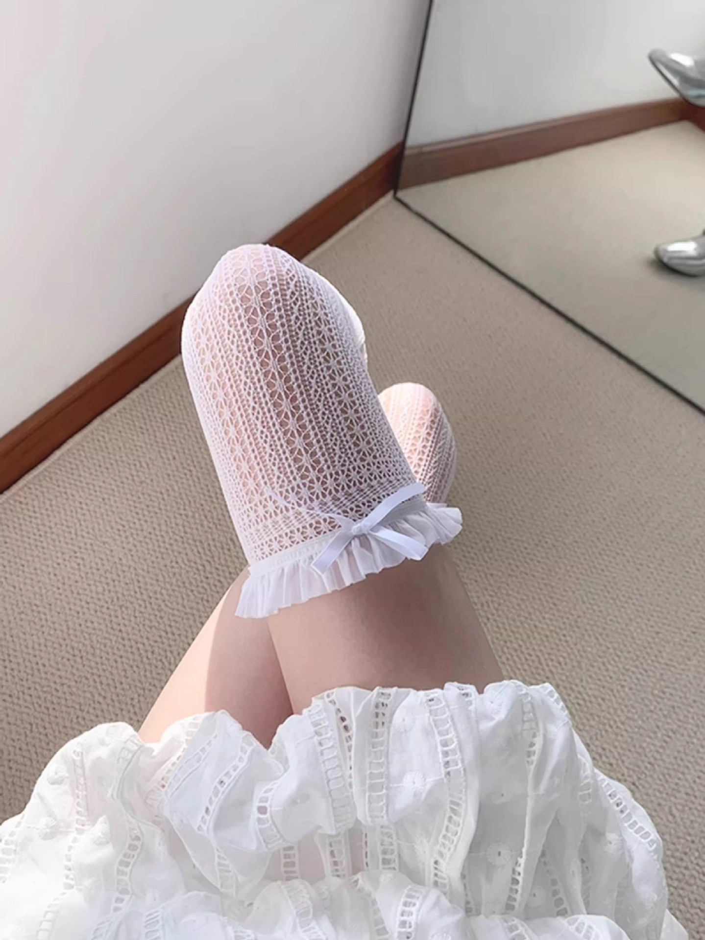 Ballet White Bow Lace Over-the-Knee Half-Hose, Fishnet JK