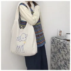 Embroidered Lamb Plush Soft Cute Girl Student Bag - White - View 1