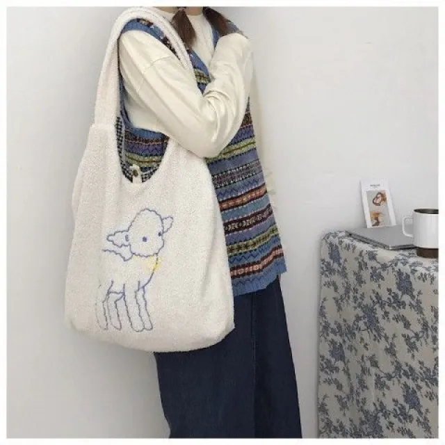 Embroidered Lamb Plush Soft Cute Girl Student Bag White - Shop at LoveMi