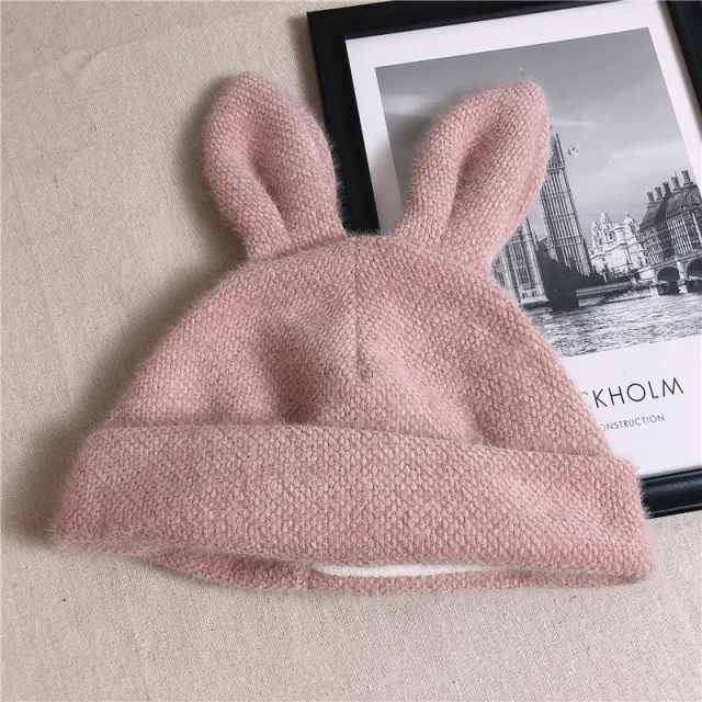 Plush Knit Beret With Rabbit Ears Pink - Shop at LoveMi