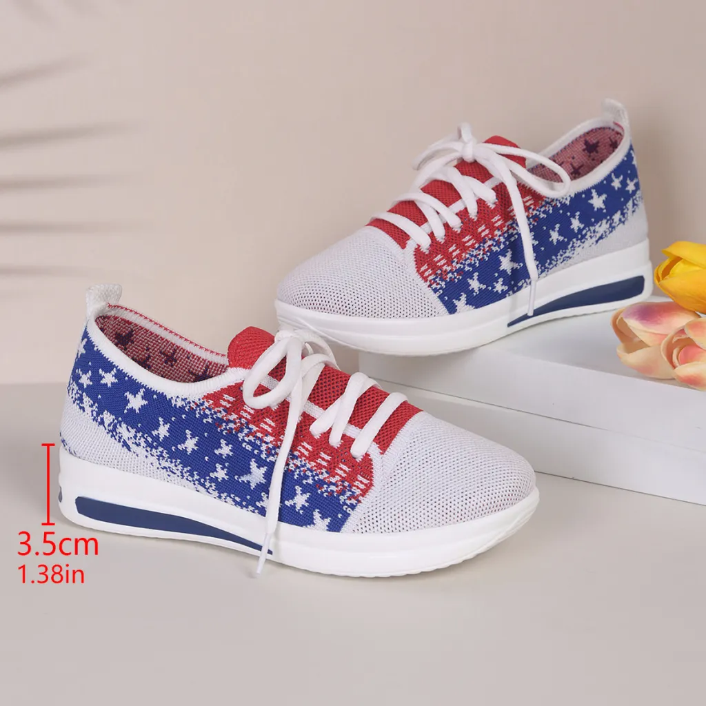 Fashion Lace-up Mesh Sneakers With Stars-printed Design Casual Thick Bottom Round Toe Flat Shoes For Women Non-slip Running Walking Sports Shoes - ...