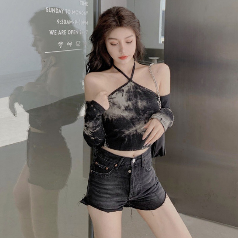 Women's One-shoulder Halterneck Short Long-sleeve Top