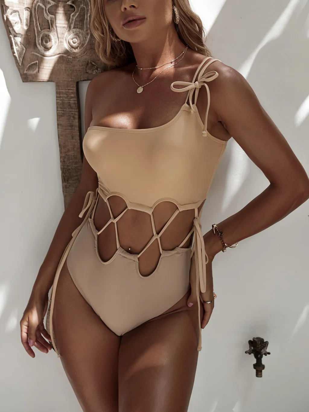 Solid Color Ladies Fashion One Piece Swimsuit - Beige