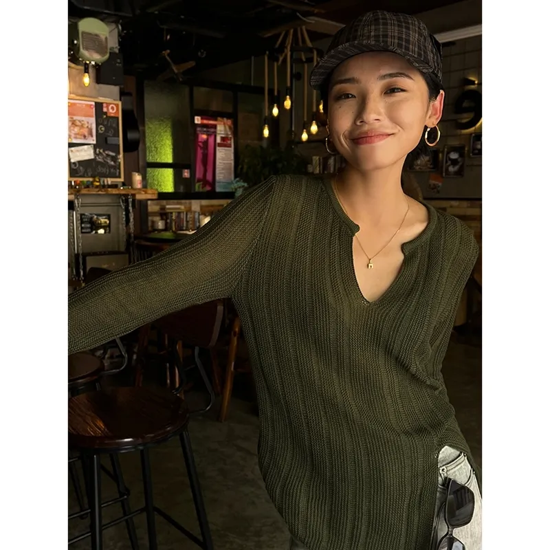 Senior Sense Gentle Top V-neck Pit Strip Sweater Female Inner Match Slim Irregular - Green