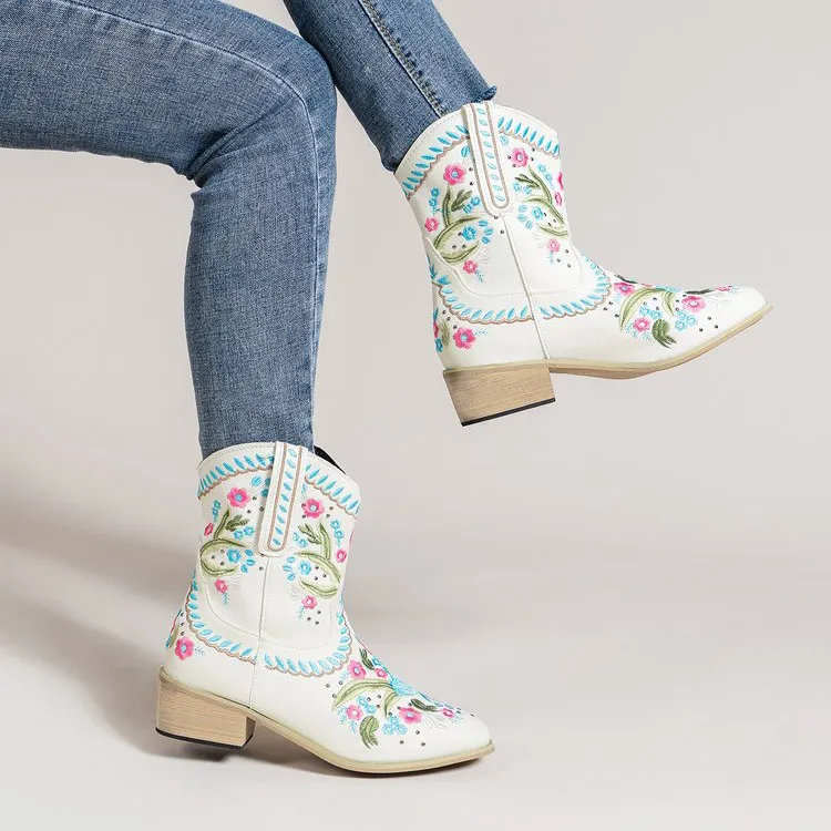 Ethnic Style Female Embroidered Flowers European And American Mid-tube Western Boots - Red