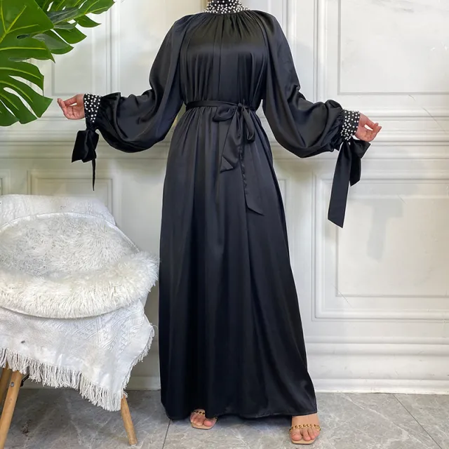 Satin Dress With White Pearl Neck And Cuffs Black - Shop at LoveMi
