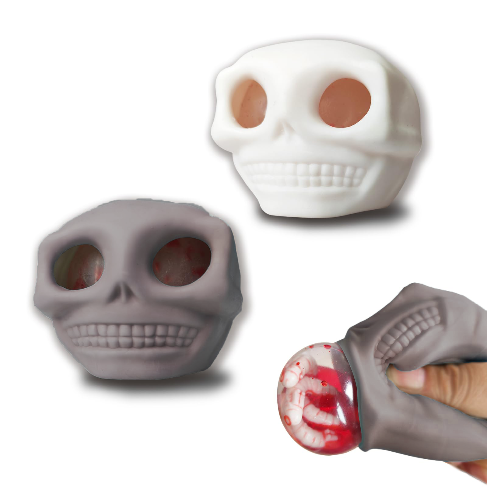 Adult Halloween Stress Balls - Squeeze Skull Toys With Blood And Maggots, Fidget Toys, Halloween Prank