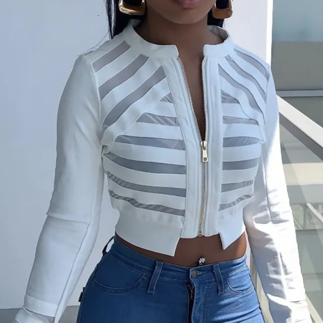 Ladies Striped Mesh Panel Short Jacket White - Shop at LoveMi