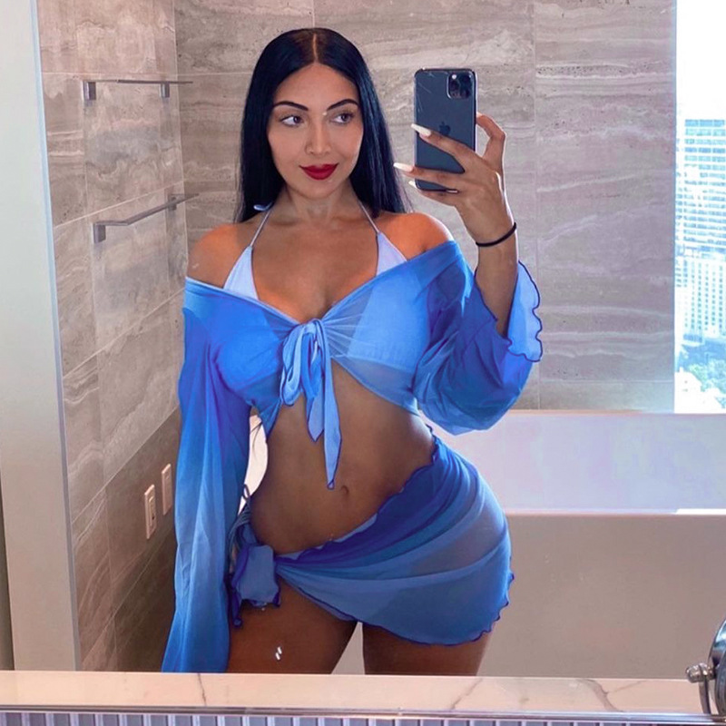 Women's Fashion Print Exposed Umbilical Flared Sleeve Beach Skirt Set