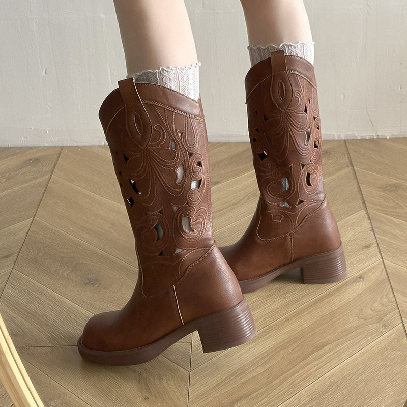 Women Pointed Toe Cutout Ankle Boots, Retro Ethnic Style Platform Block Heel Versatile Western Biker Boots In Stock