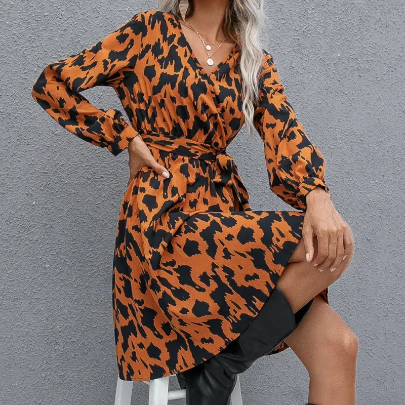 Printed Tie Cross V-neck Long Sleeve Women