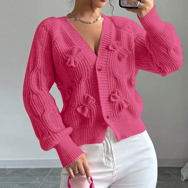 Women's Bow Cropped Cardigan Long Sleeve V Neck Button Down Knit Sweater Top Rose Red - Shop at LoveMi