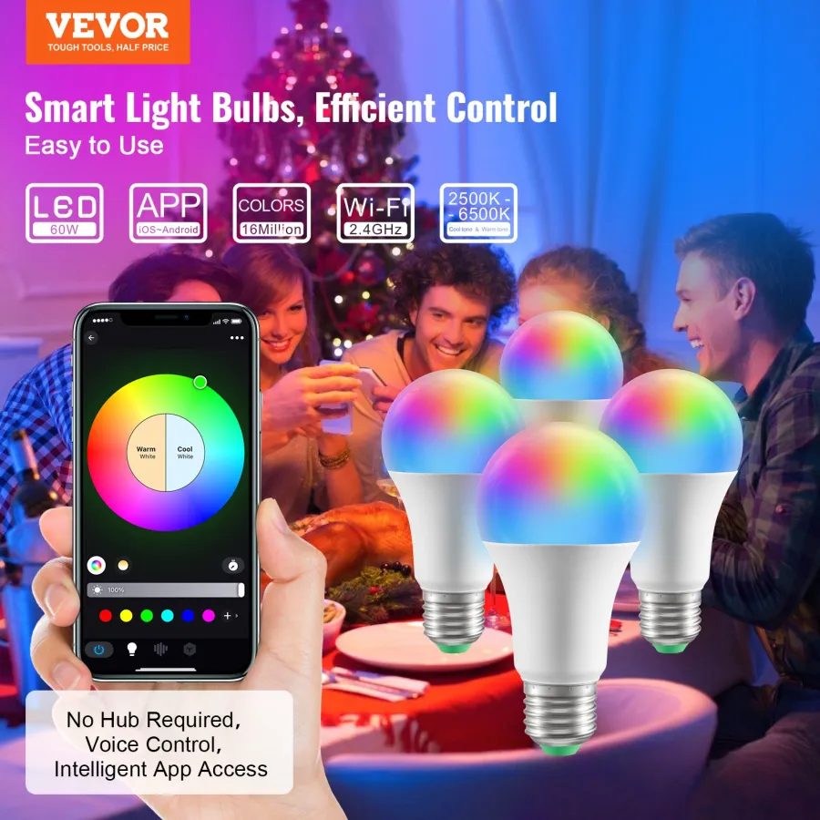 VEVOR Smart Light Bulbs, 4-Pack, 9W Multicolor LED 800