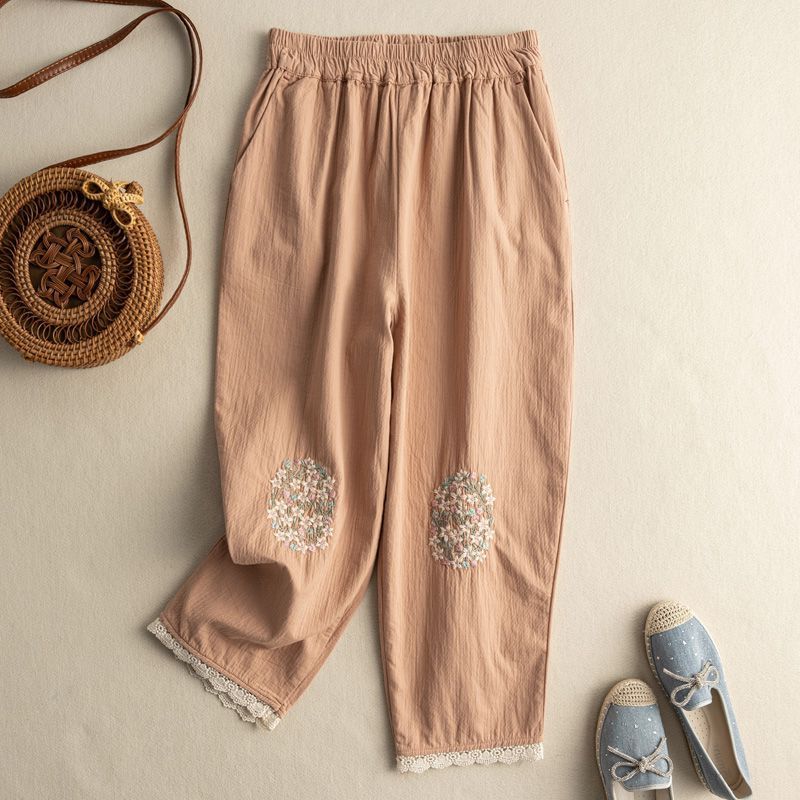 Title 1, Cotton And Hemp Embroidery Casual Pants Female ...