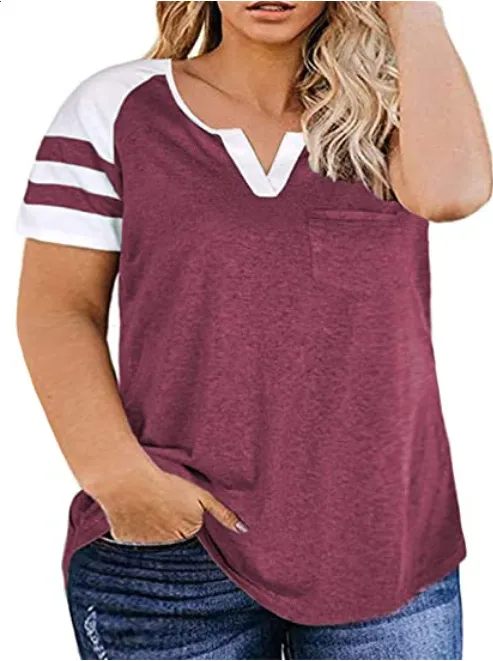 15 Colours New Ladies Plus Size Blouse Summer V-neck Raglan Sleeve T-shirt - Wine
