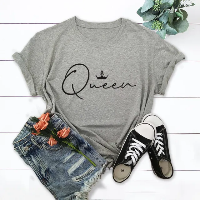 Crown Queen Letter Print O Neck Loose T shirt Grey - Shop at LoveMi