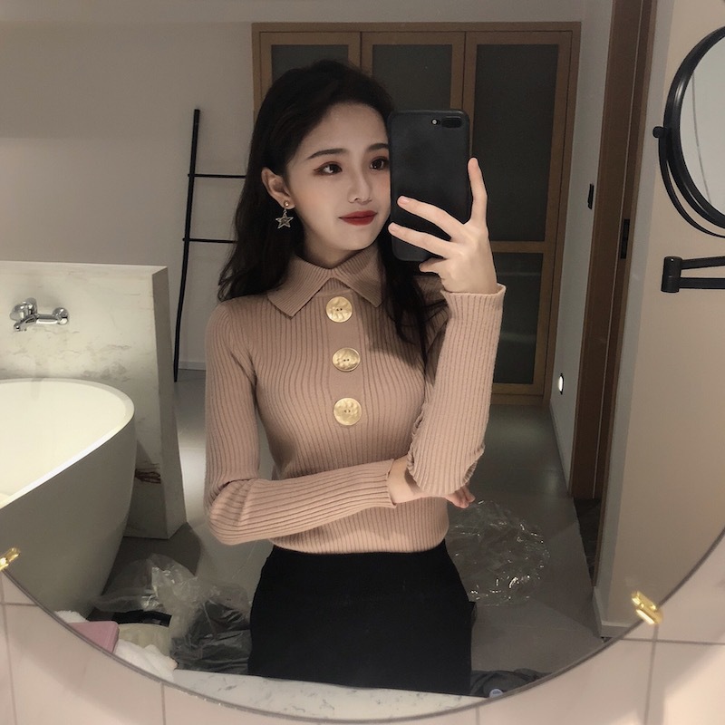 Women's Half High Neck Bottoming Shirt Lapel Button Sweater