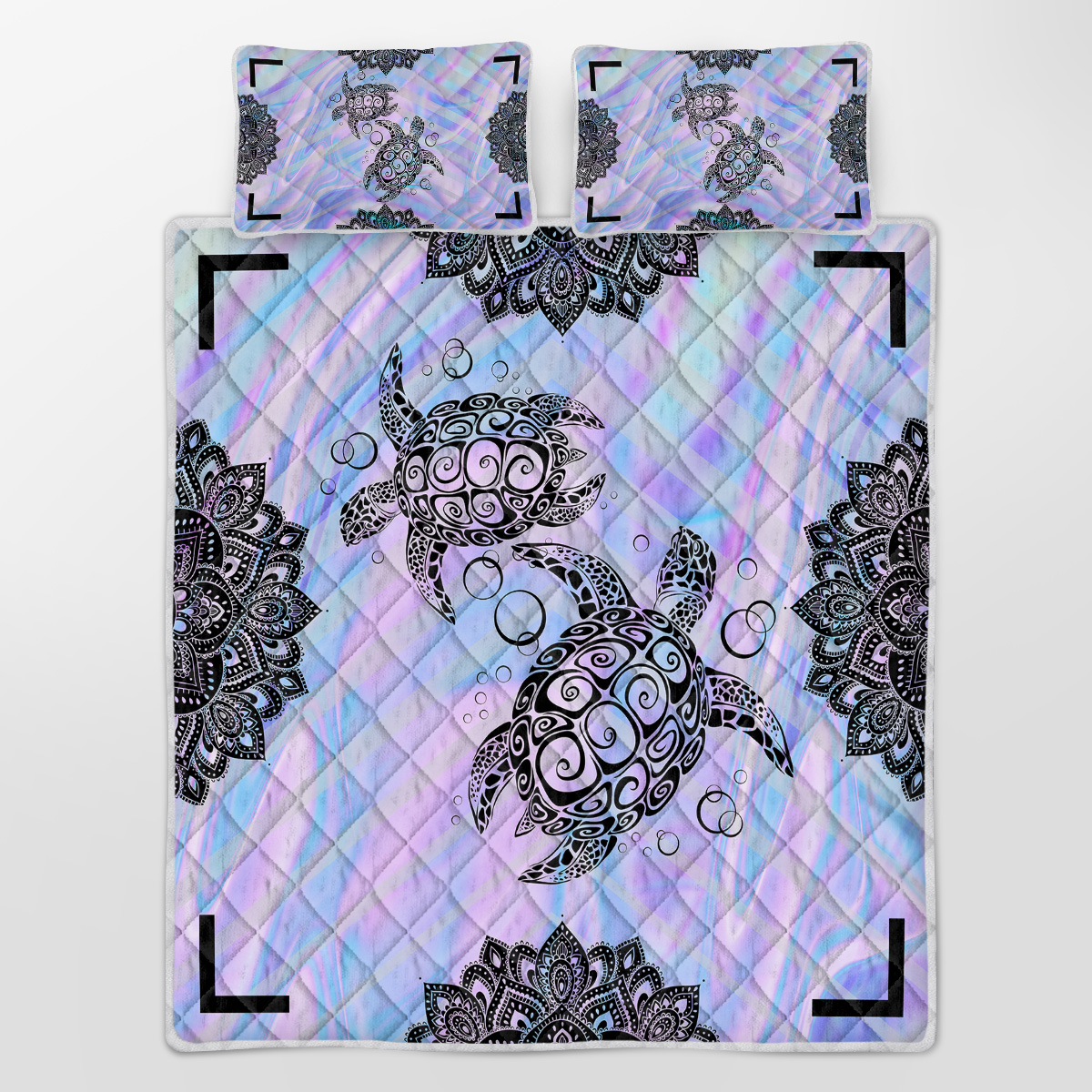 Sea Turtle Quilt Set 3 Piece, Lightweight Microfiber Coverlet Mandala Turtle Bedspread Purple Blue Bedspread Set,1 Quilt, 2 Pillow Shams